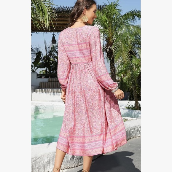 Long Sleeve BLUSH Floral Print Tassel Tie Top Bohemian Midi Dress - Picture 2 of 5